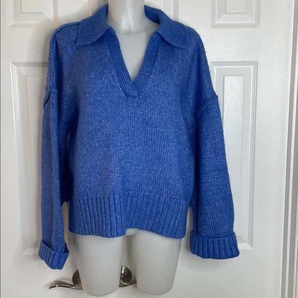 TOPSHOP KNITTED WIDE RIBBED COLLAR V-NECK DROP SHOULDERS CROP SWEATER BLUE SZ M - Picture 3 of 7